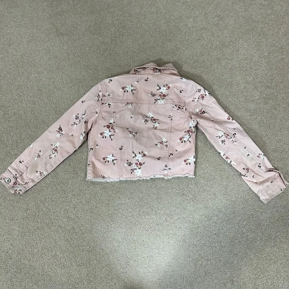 The Children’s Place Girls Floral Denim Jacket Pink Raw Hem Cotton Twill 7/8 M